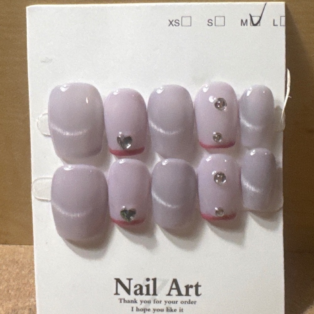 Lavender Cat Eye Press On Nails Short‎ Square Heart Rhinestone Nail Art Size M